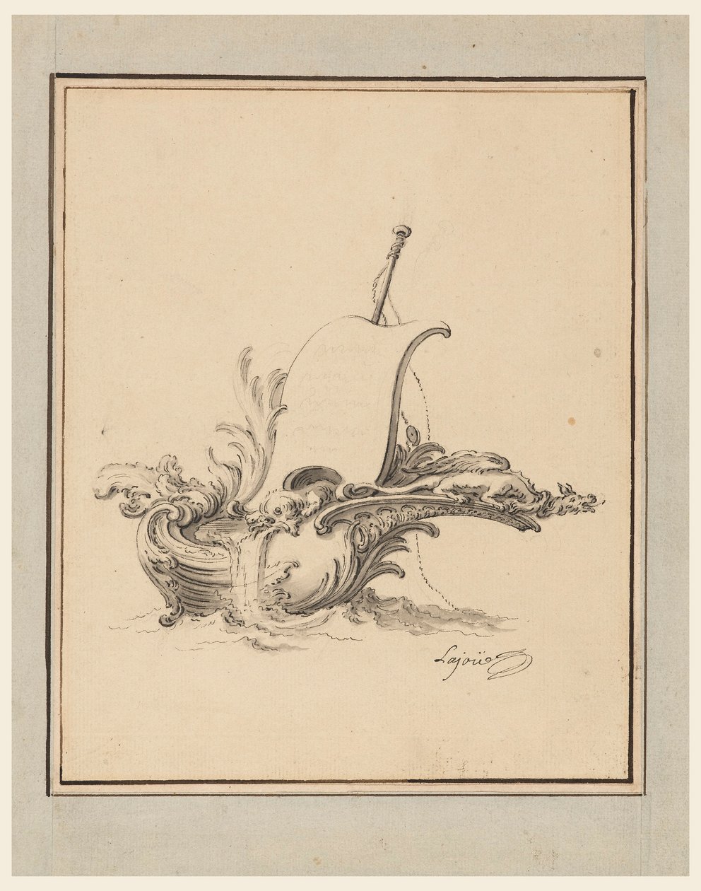 Kresba, Návrh na rozetový štít ve tvaru lodi s plachtou, pro Recueil Nouveau de Differens Cartouches, 1734 od Jacques de Lajoüe