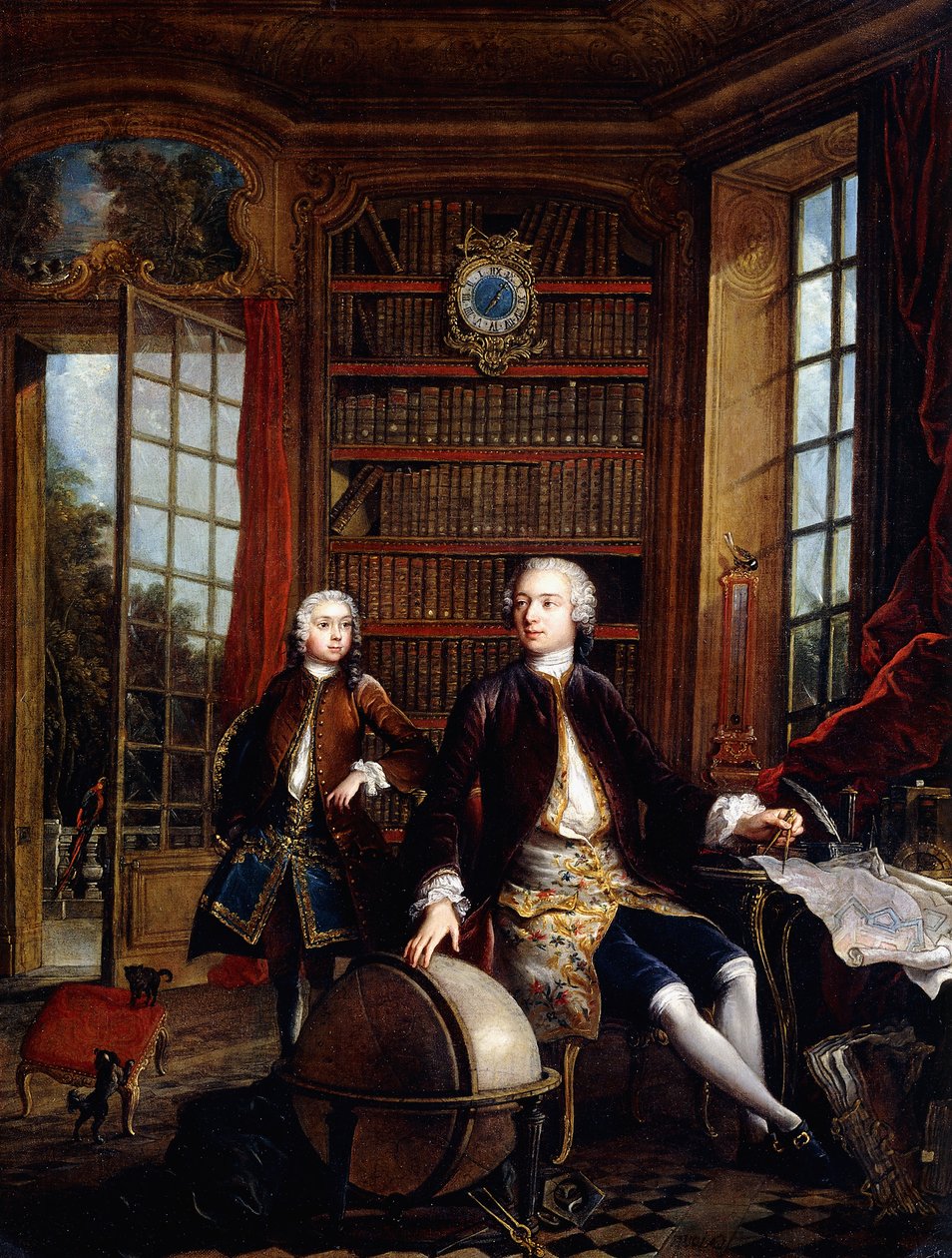 Portrét umělcova syna s učitelem, o kterém se říká, že je to umělec Jean Baptiste de Courtonne mladší, v knihovně, od Jacques de Lajoüe