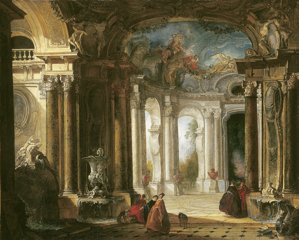 Interiér barokního paláce s elegantní společností konverzující u fontán od Jacques de Lajoüe