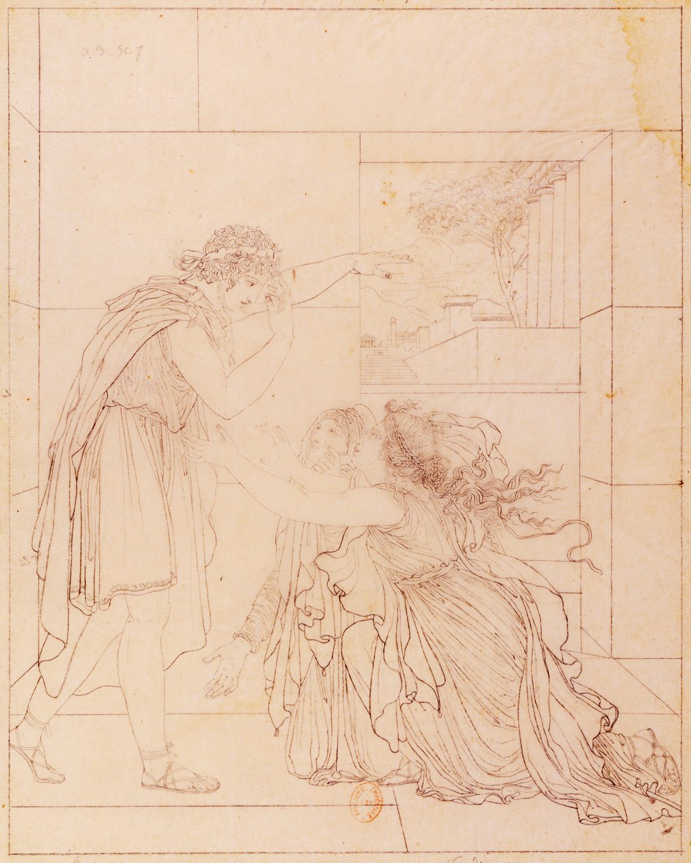Andromaque u nohou Pyrrhových, ilustrace pro Andromaque od Jeana Racina (1639-1699), od Jacquese de Seve (1742-1788), kresba od Jacques de Seve