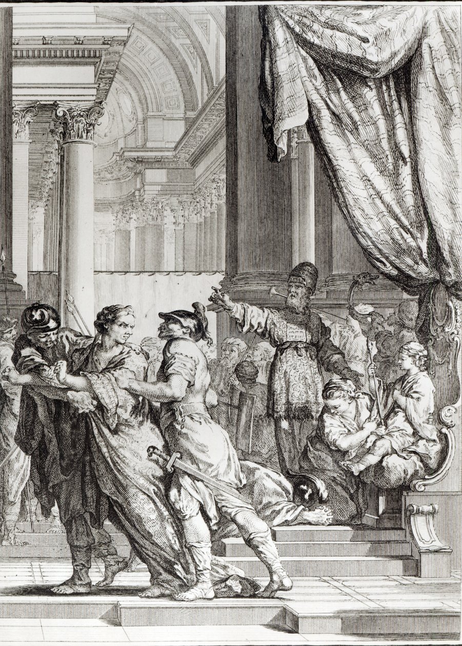 Jehoiada, jeruzalémský velekněz Prohlašující prince Joaše za judského krále, scéna z „Athalie“ od Jeana Racina (1639-99) vyrytá Jean-Jacquesem Flipartem (1719-82) od Jacques de Seve