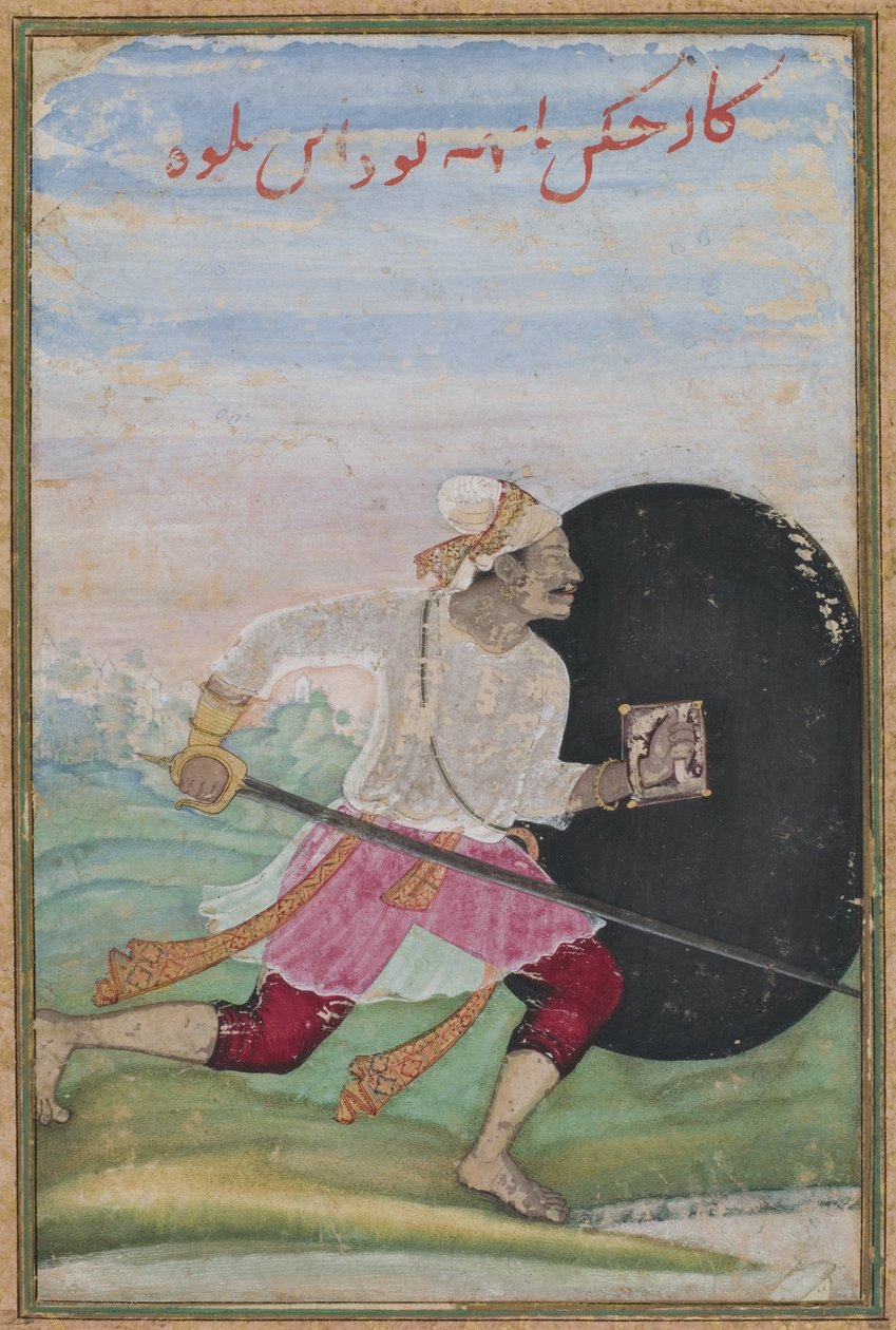 Běžící šermíř, dynastie Mughalů, cca 1600 (neprůhledná čb, zlato a tuš na papíře) od Jaganatha