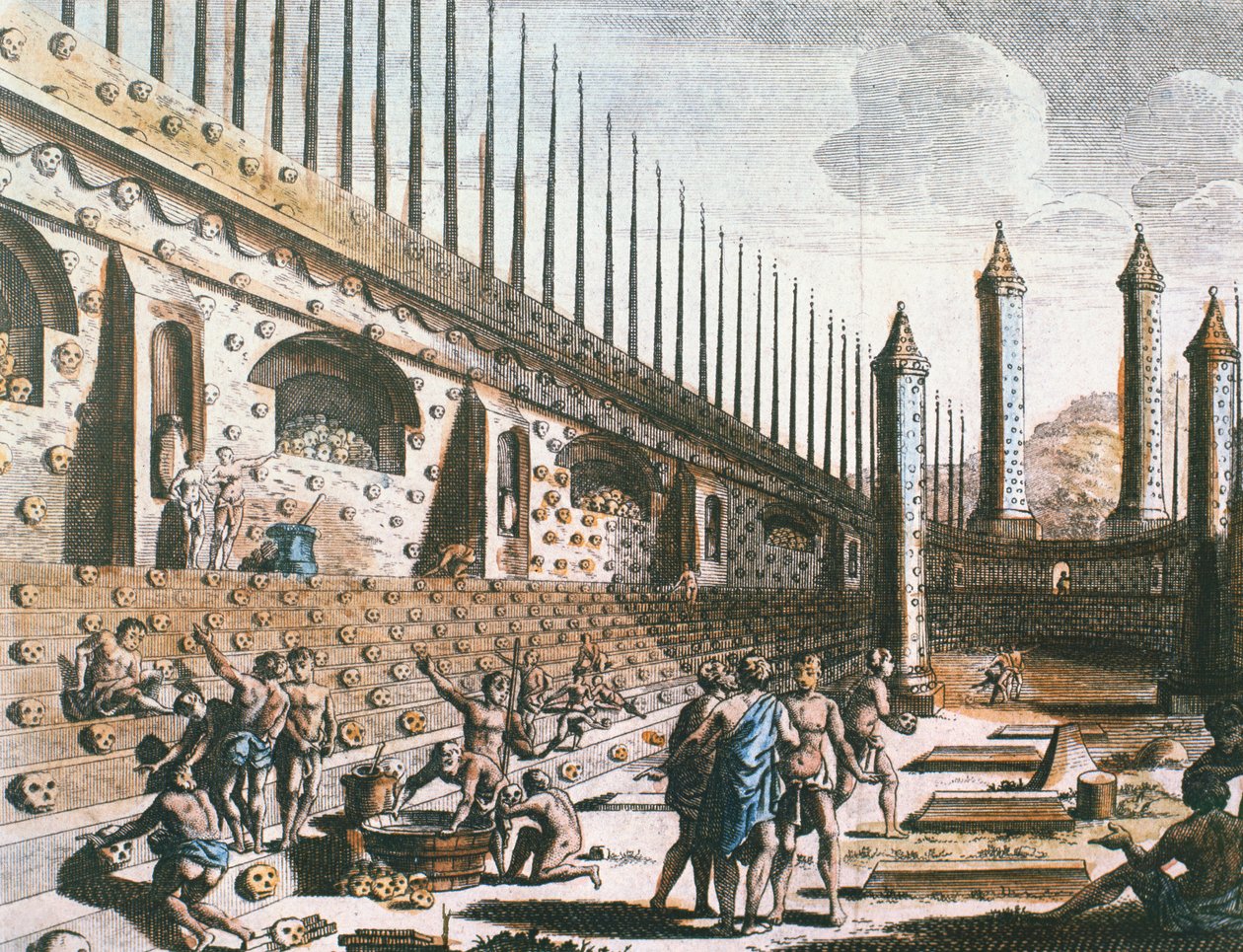 Stěna z lidských lebek, Templo Mayor, Tenochtitlan od Jakob van der Schley