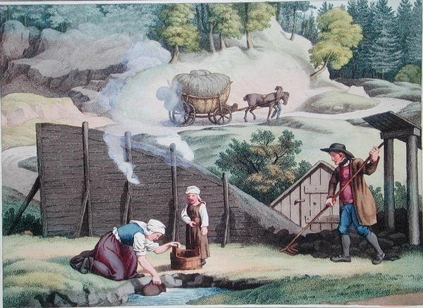 Výroba dřevěného uhlí v Rakousku, ilustrace z „Voyage Pittoresque en Austria“ od Alexandra de Laborde, vydané v Paříži 1821 (barevná rytina) od Jakob (after) Gauermann