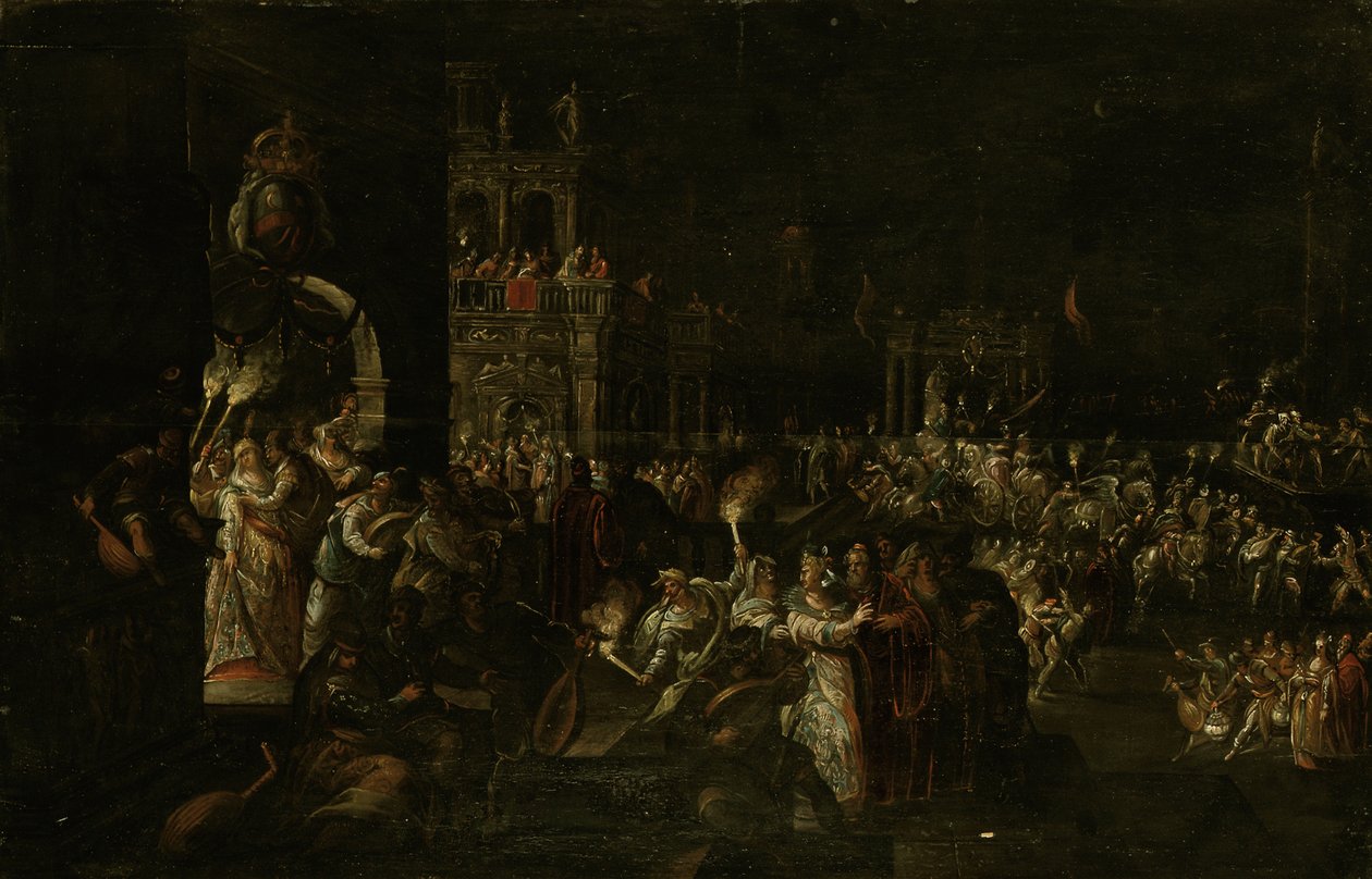 Karnevalová noc na barokním náměstí od Jakob Isaaksz Swanenburgh