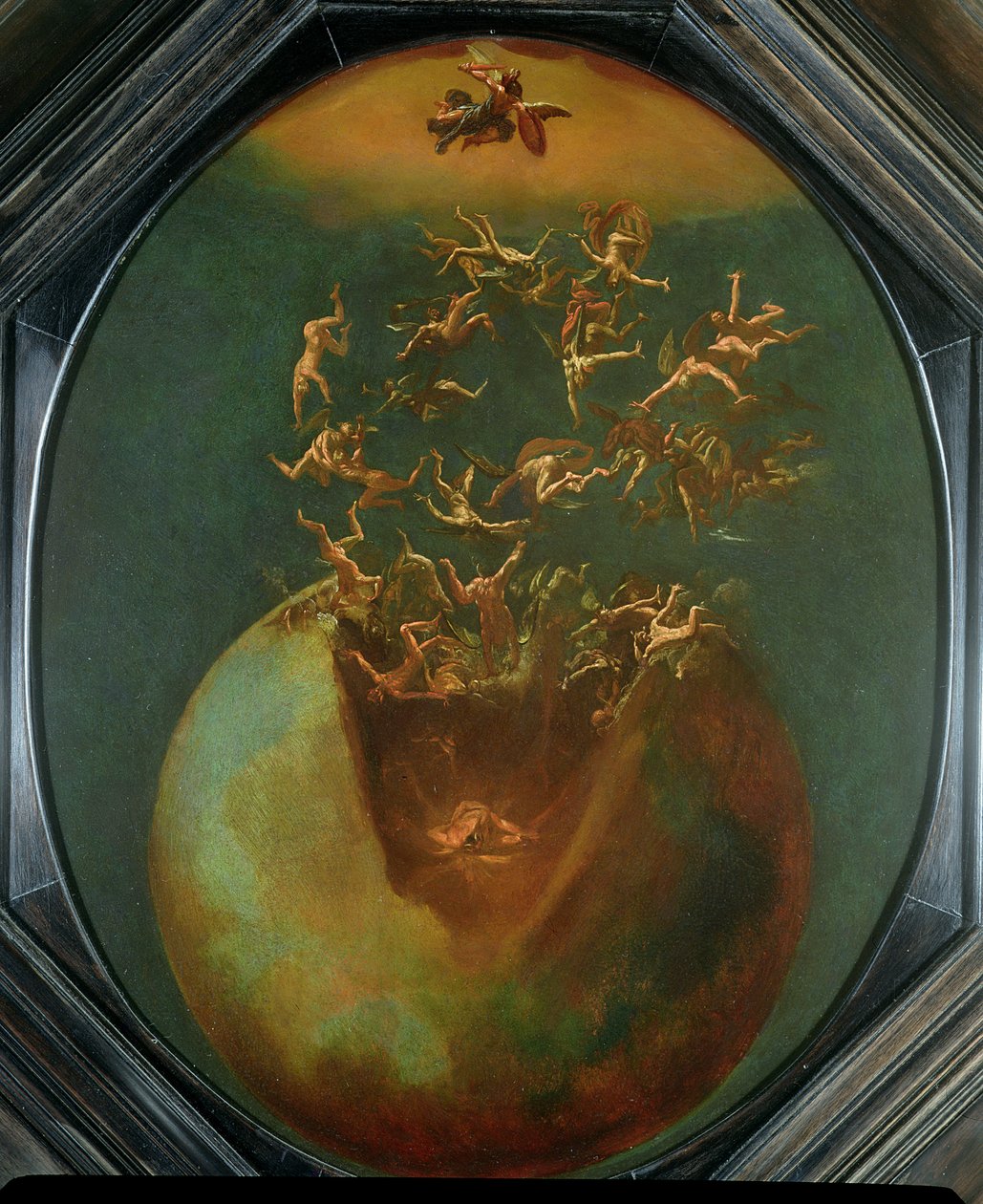 Pád Satana a rebelských andělů z nebe (olej na postříbřené mědi) od Jakob Isaaksz Swanenburgh