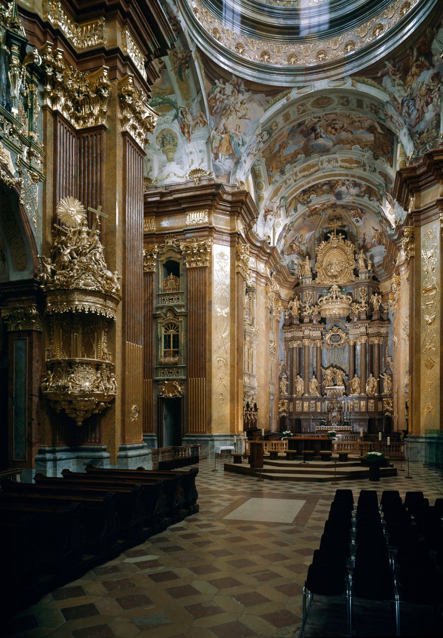 Vnitřní pohled na benediktinský kostel v Melku podle návrhu architekta Jakoba Prandtauera (1660-1726), fresky od Johanna Michaela Rottmayra (1656-1730). Melk, Rakousko od Jakob Prandtauer