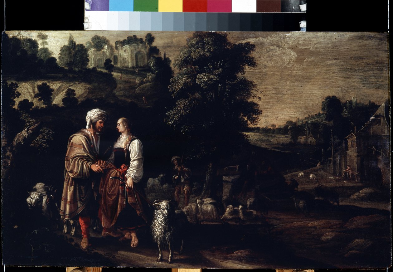 Jacob se setkává s Rachel u studny (Jacob se setkává s Rachel u studny). Obraz Jacobuse (Jacquese) Wabbeho nebo Wabena (činný v letech 1602-1634). Olej na dřevě, 38 x 62,5 cm od Jakob Wabbe