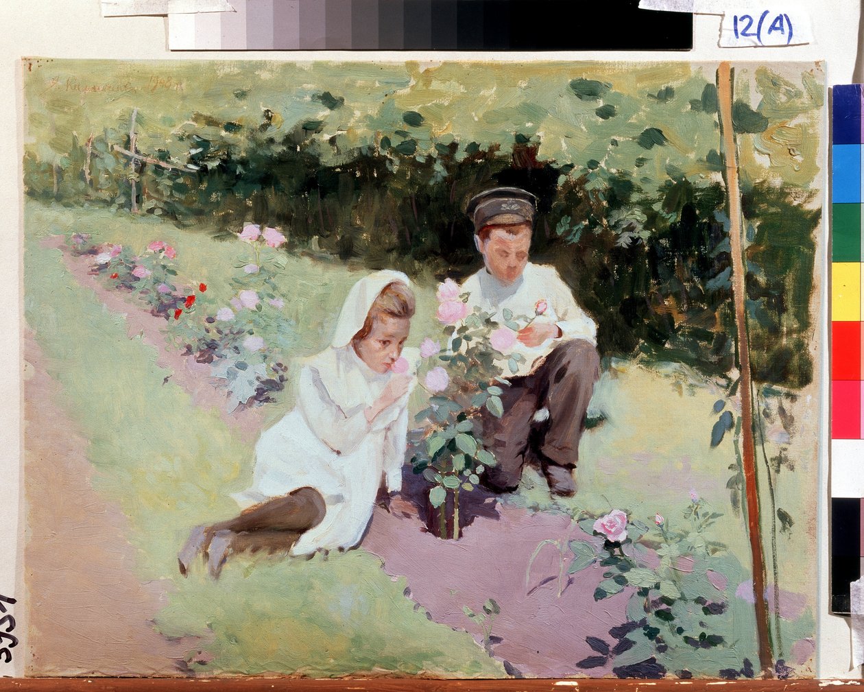 ""Au rosier"" Dvě děti v růžové zahradě. Obraz Jakova Kaliničenka (1869-1938) 1908 Státní oblastní muzeum umění I. Pozhalostina, Rjasan od Jakoff Jakovlevitch Kalinitchenko