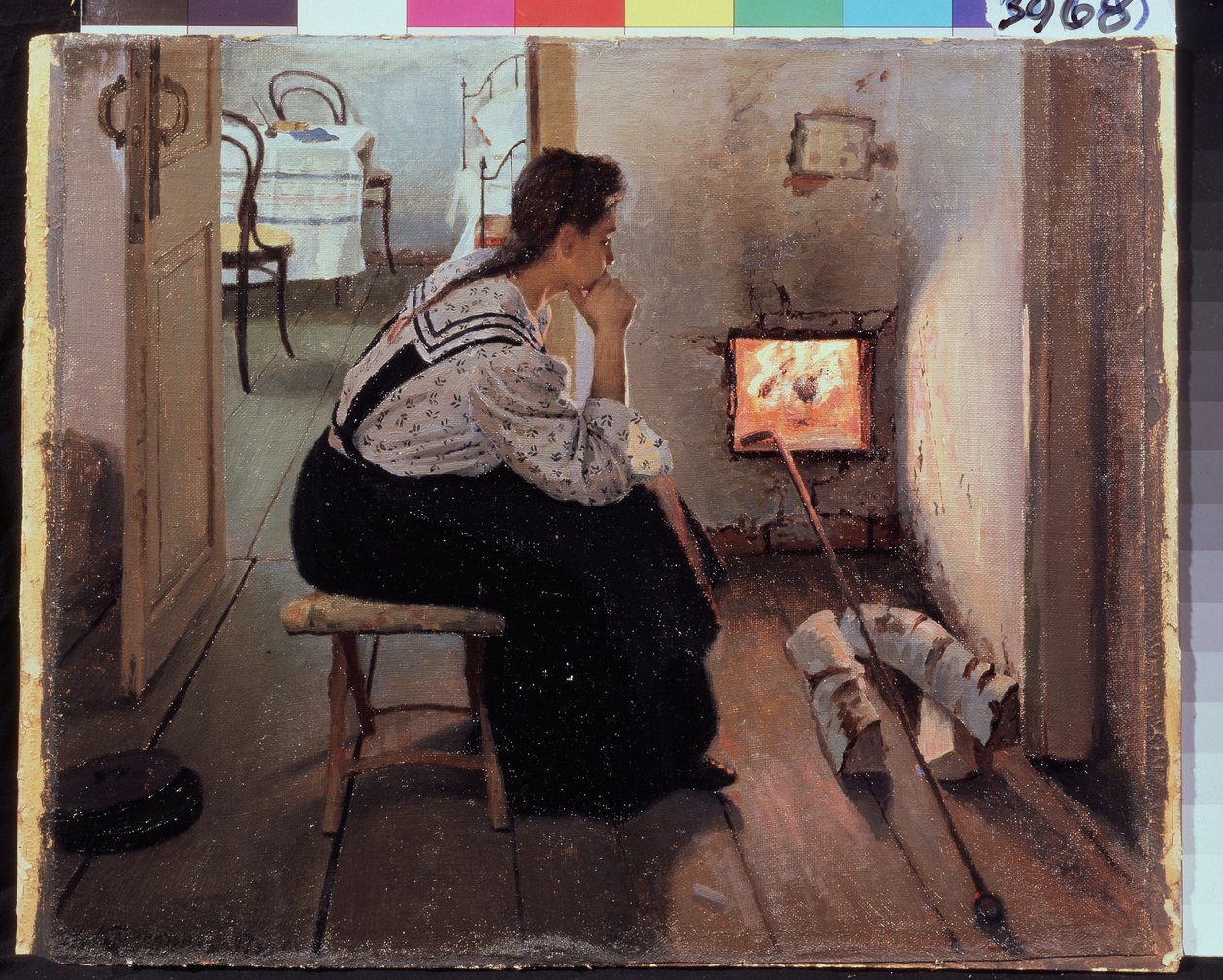""Myšlenky u plotny"" (Myšlenky u plotny) Mladá žena sedí zamyšleně před ohněm. Obraz Jakova Kaliničenka (1869-1938) 1897 Státní oblastní muzeum umění I. Pozhalostina, Rjasan od Jakoff Jakovlevitch Kalinitchenko