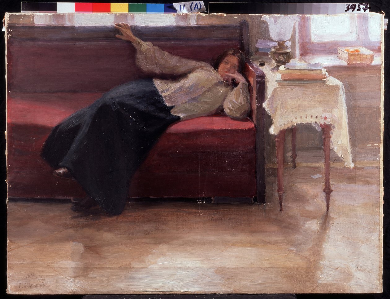 "" Sny "" Mladá dívka se prodloužila na gauči. Jakov Kalinichenko Painting (1869-1938) 1904 Státní regionální I. Pozhalostin Art Museum, Ryasan od Jakoff Jakovlevitch Kalinitchenko