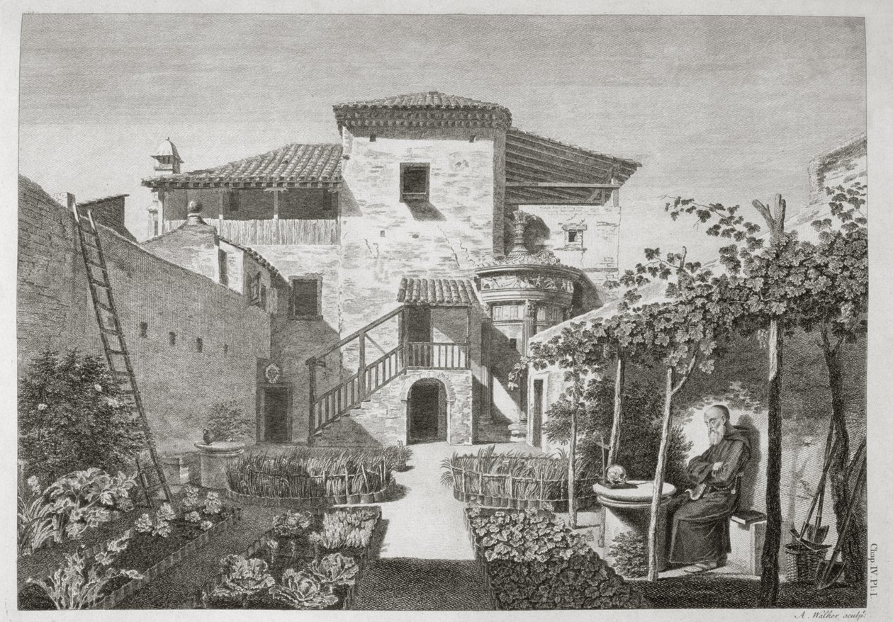 Památník Lysicrates v zahradě kapucínského kláštera v Aténách, z „The Antiquities of Athens“, vyrytý Anthony Walkerem (1726-65), publikovaný 1762-1830 od after James Stuart and Nicholas Revett
