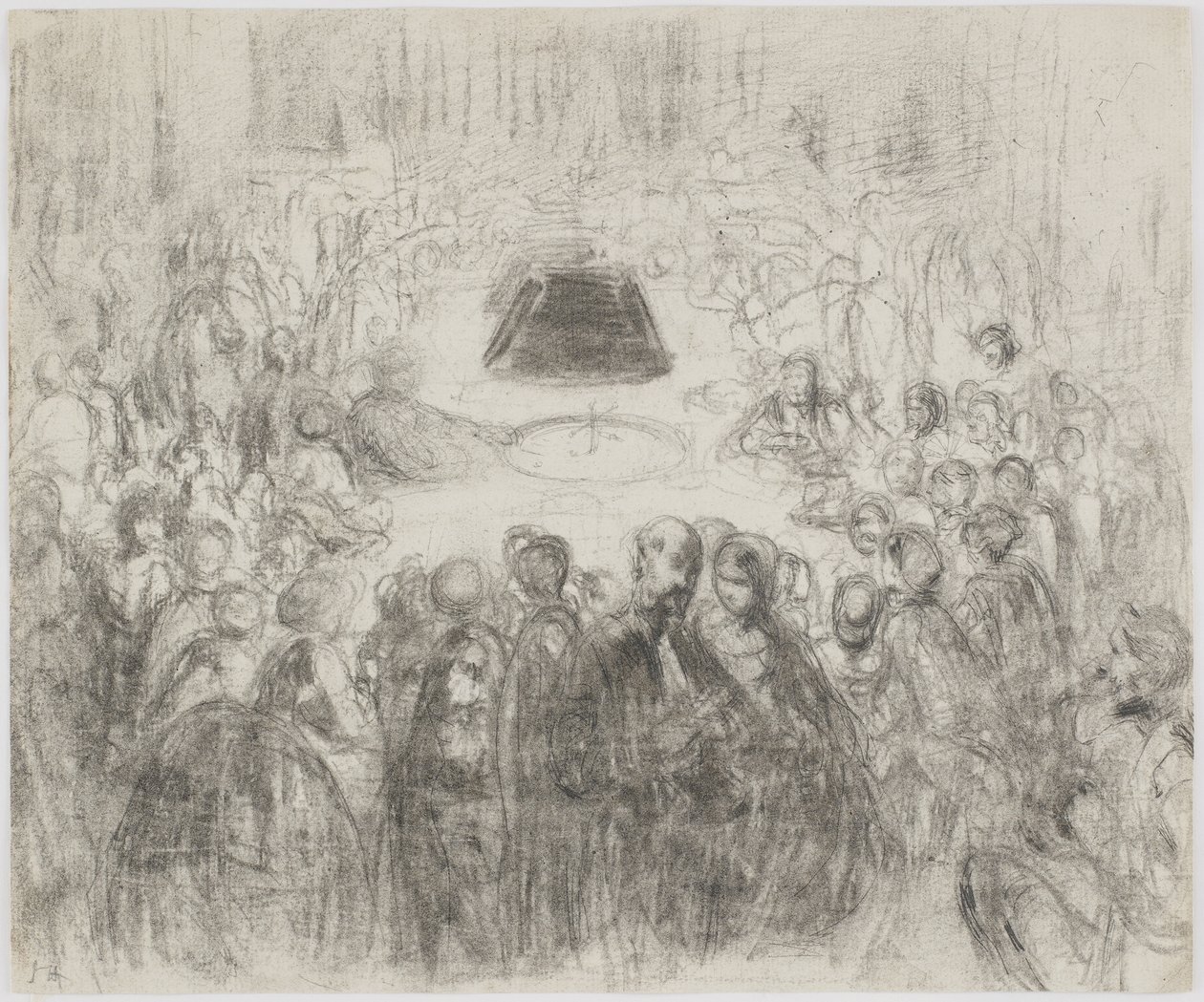 A Gambling Room at Baden-Baden, 1858 (tužka a dřevěné uhlí na bílém papíře) od James Abbott McNeill Whistler
