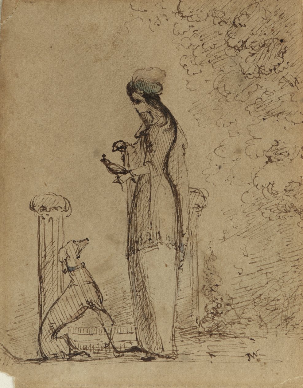 Žena se psem a ptákem, kolem 1850-51 (pero a inkoust na světle hnědém papíře) od James Abbott McNeill Whistler