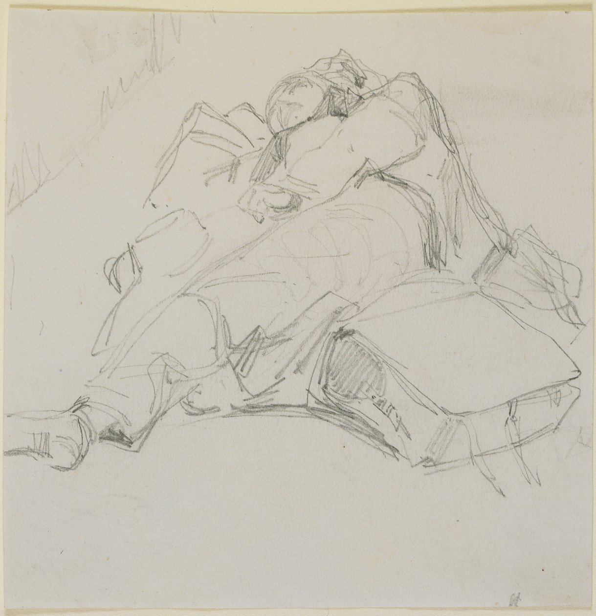 Muž spící na hromadě zavazadel, 1858 (tužka na špinavě bílém tkaném papíře) od James Abbott McNeill Whistler