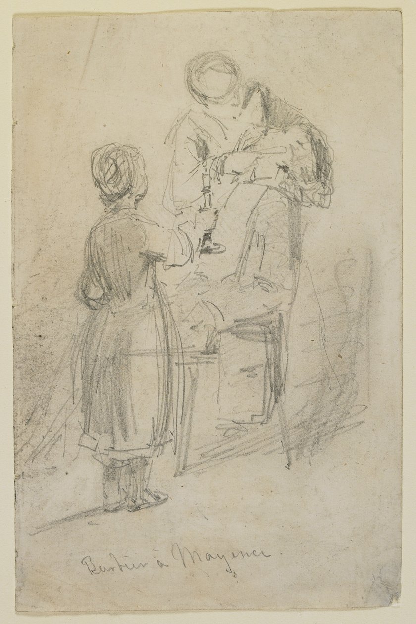 Barber v Mayence, 1858 (tužka na špinavě bílý tkaný papír) od James Abbott McNeill Whistler