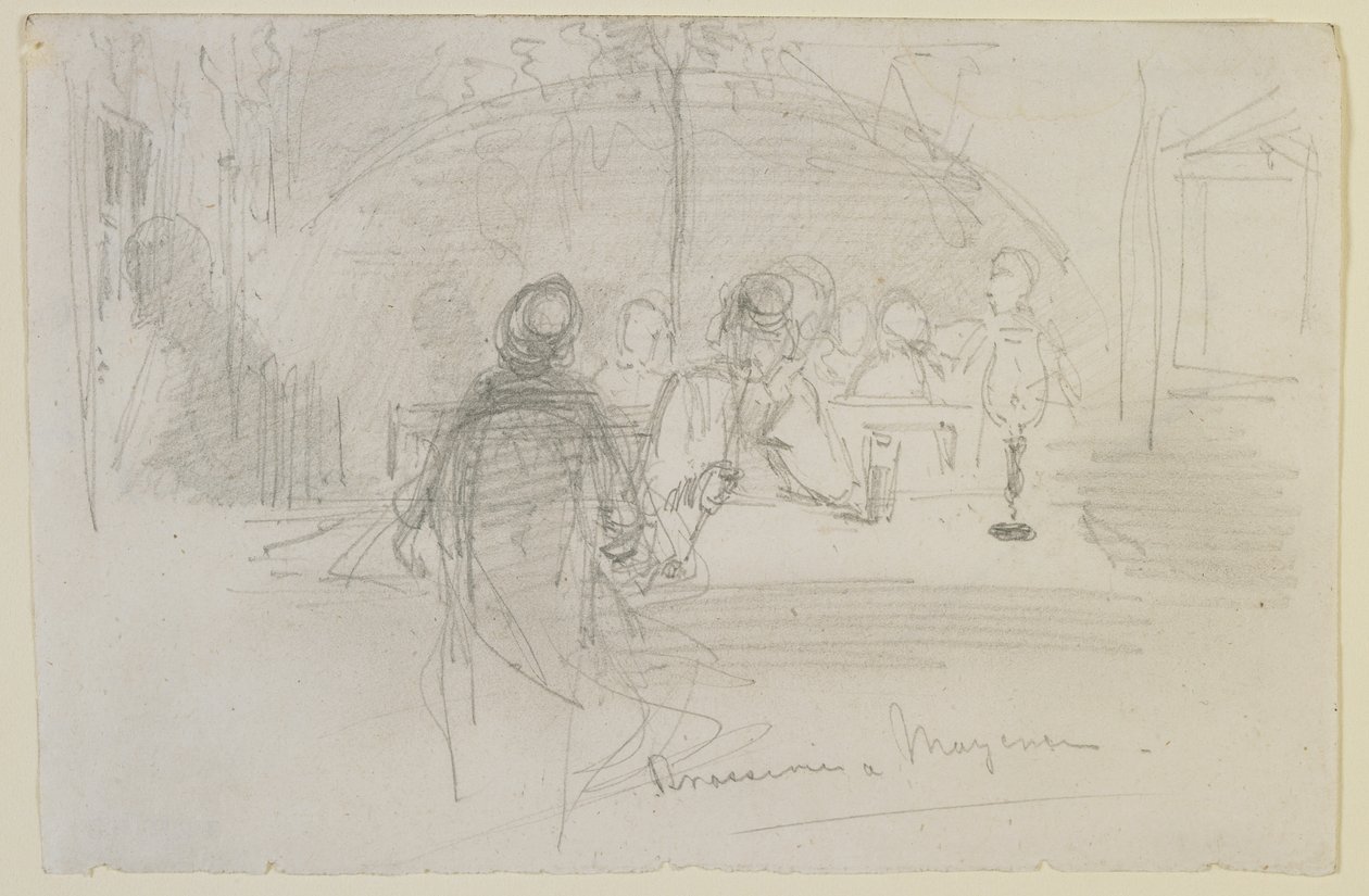 Brasserie v Mayence, 1858 (tužka na špinavě bílém papíře) od James Abbott McNeill Whistler