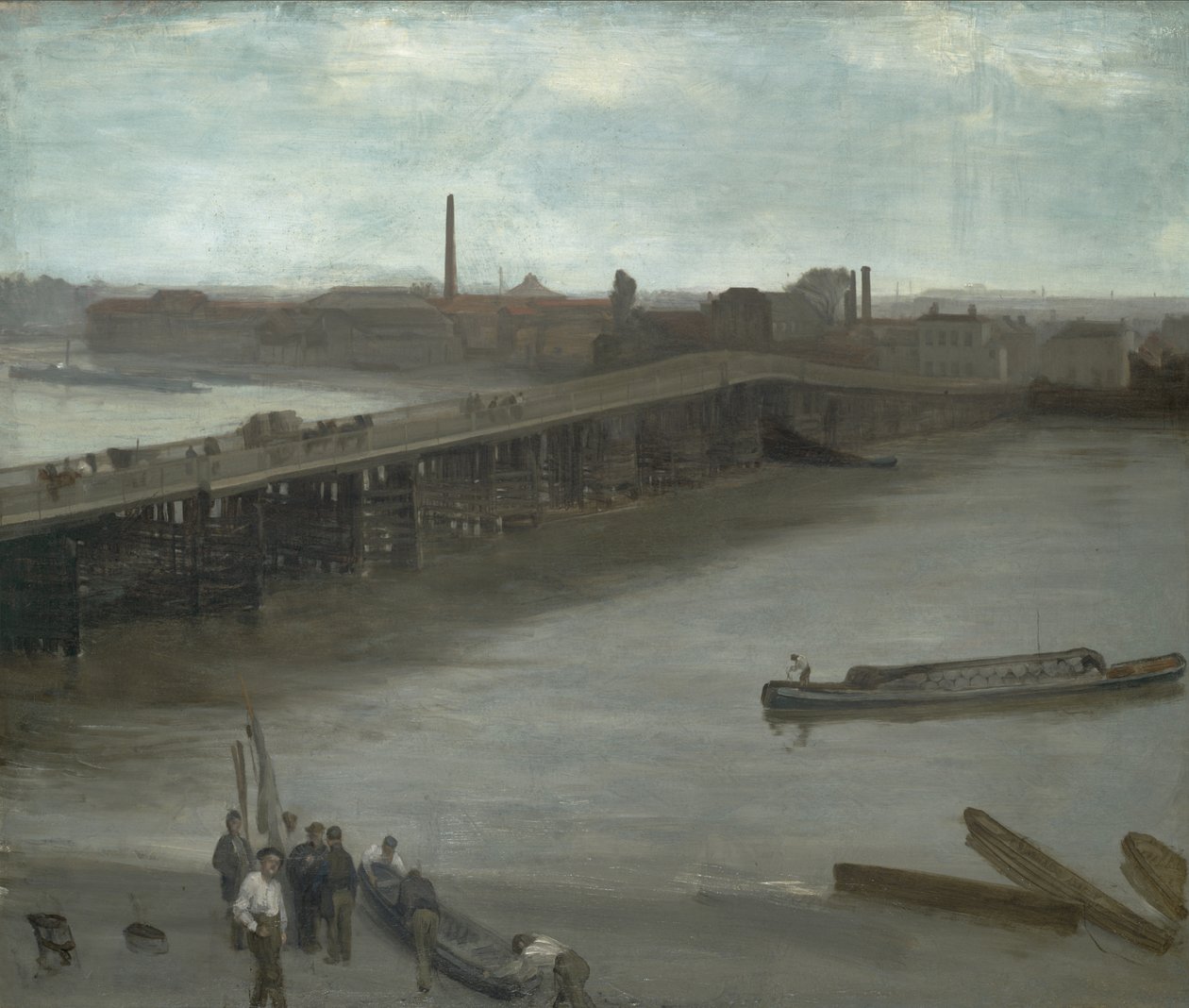 Hnědá a stříbrná: Old Battersea Bridge, 1859-1863 (olej na plátně připevněném na masonit) od James Abbott McNeill Whistler