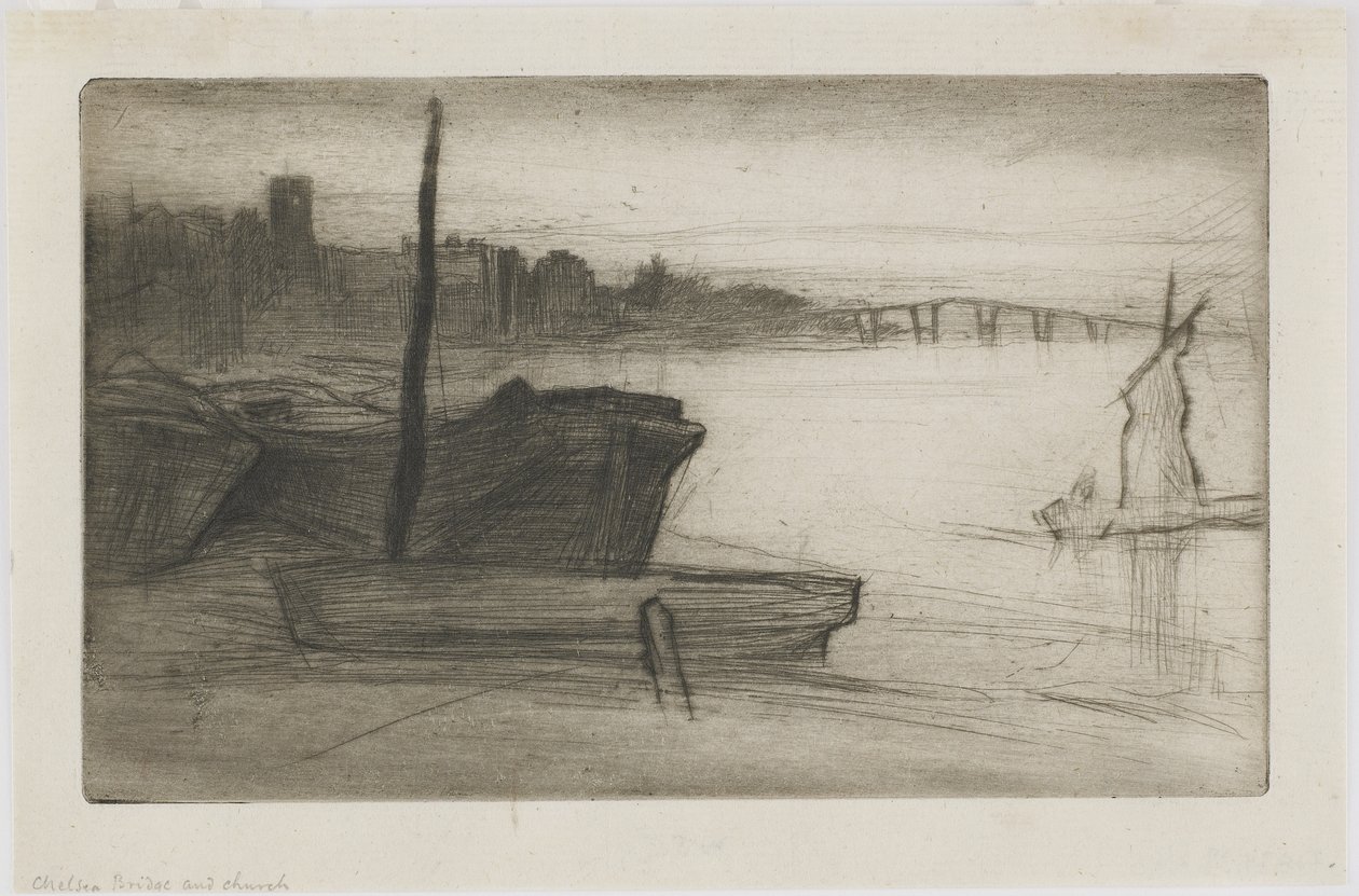 Chelsea Bridge and Church, c.1870-71 (suchá jehla na papíře) od James Abbott McNeill Whistler