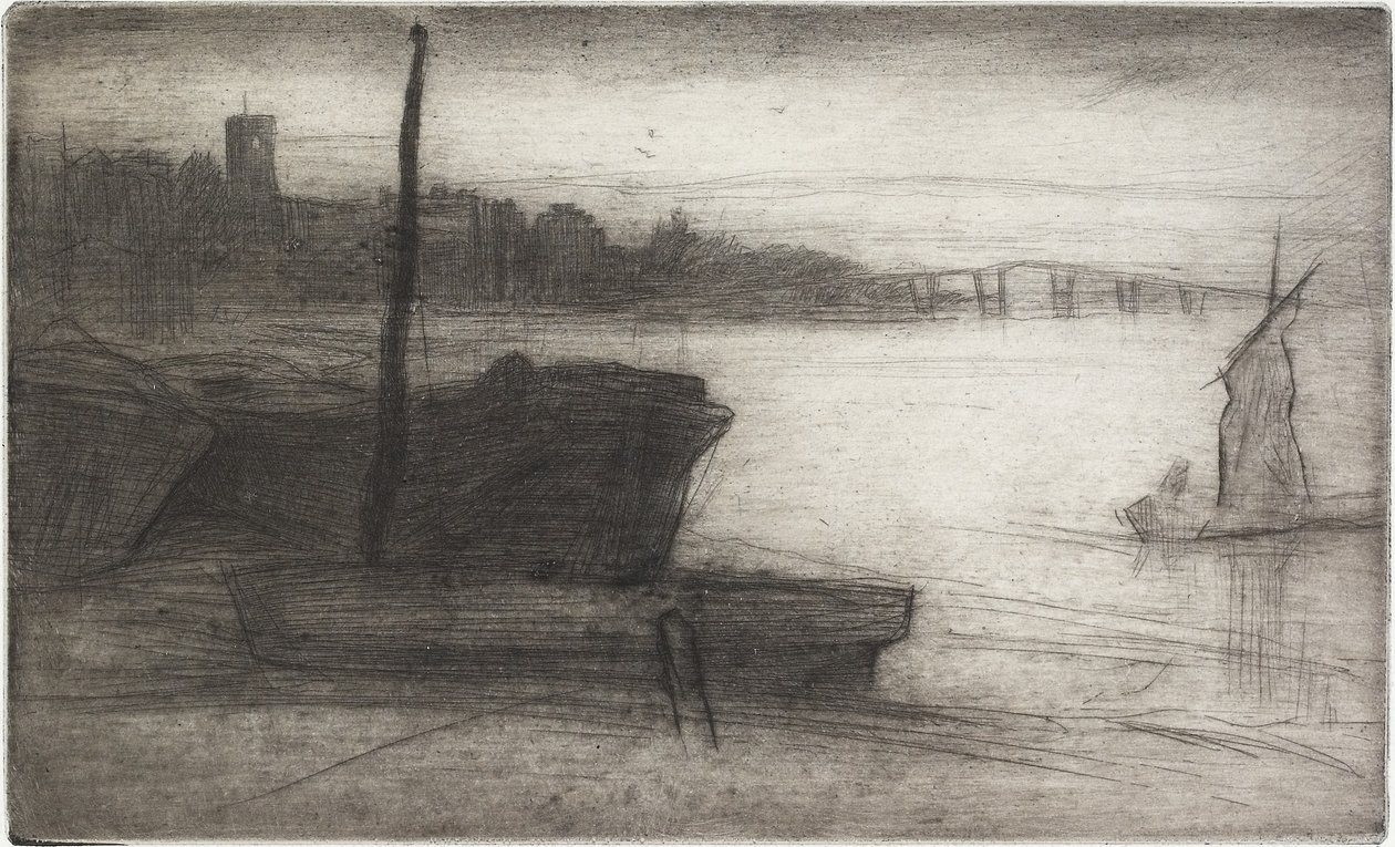 Chelsea Bridge a kostel ze šestnácti leptů scén na Temži a dalších předmětů, 1870-1871 od James Abbott McNeill Whistler