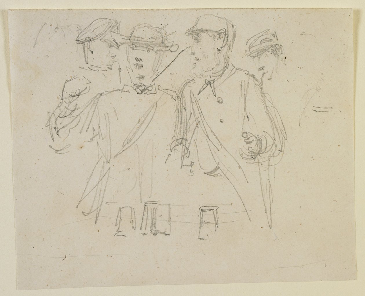 Skupina čtyř mužů, 1858 (tužka na špinavě bílý tkaný papír) od James Abbott McNeill Whistler