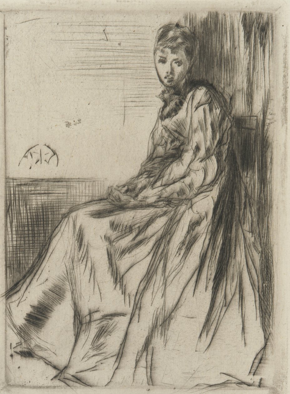 Maude, sedící, 1873 (suchá jehla na papíře) od James Abbott McNeill Whistler