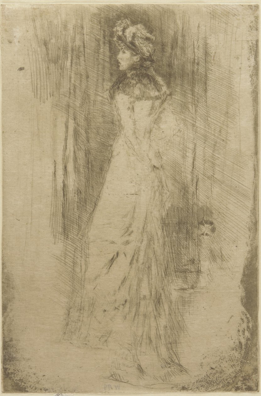 Maude, stojící, asi 1873 (suchá jehla na papíře) od James Abbott McNeill Whistler