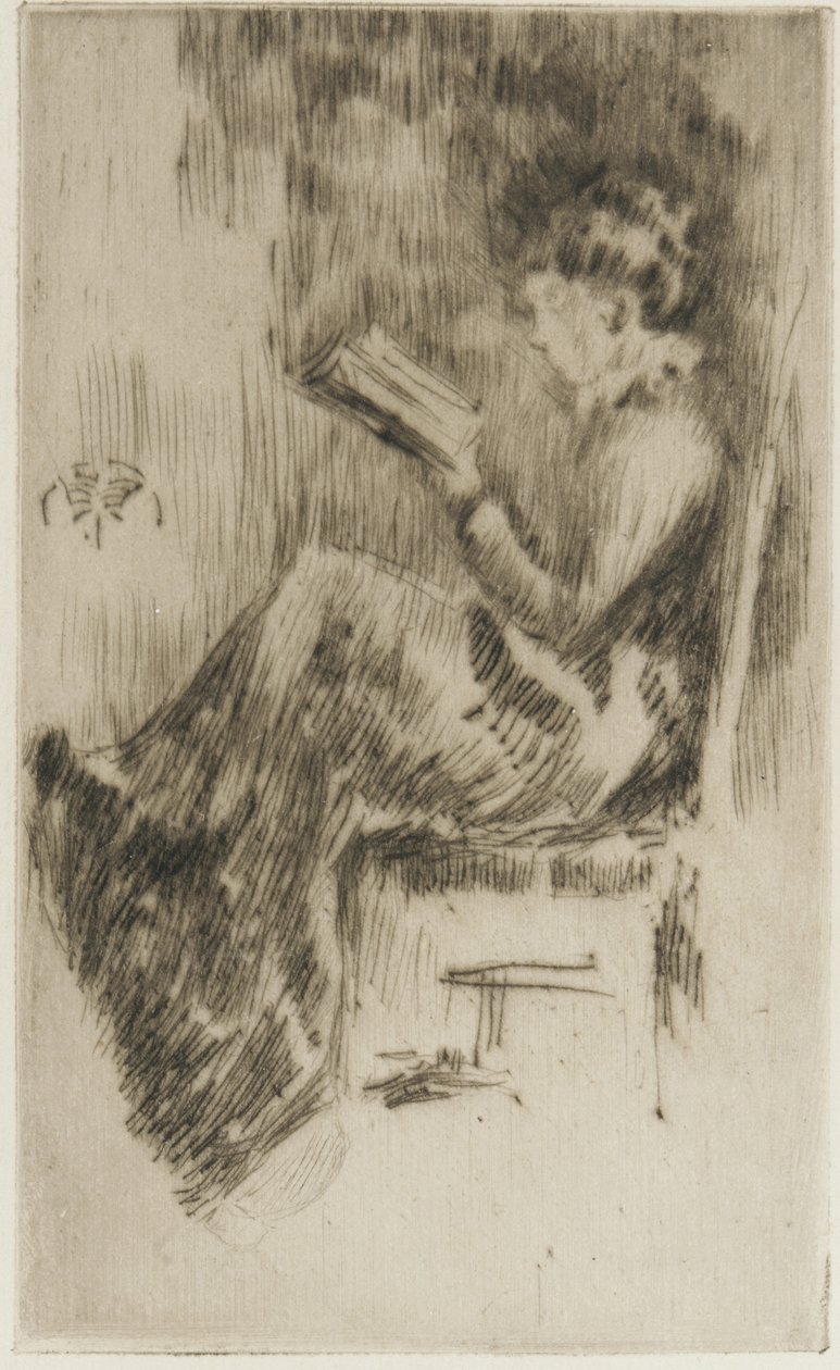 Reading a Book (možná Lizzie Dawson) kolem roku 1873 (suchá jehla na papíře) od James Abbott McNeill Whistler