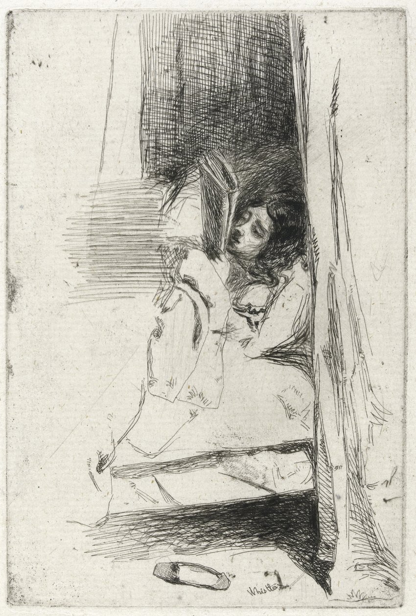 Reading in Bed (The Slipper) 1858 (černý uhlíkový inkoust na starožitném papíru) od James Abbott McNeill Whistler