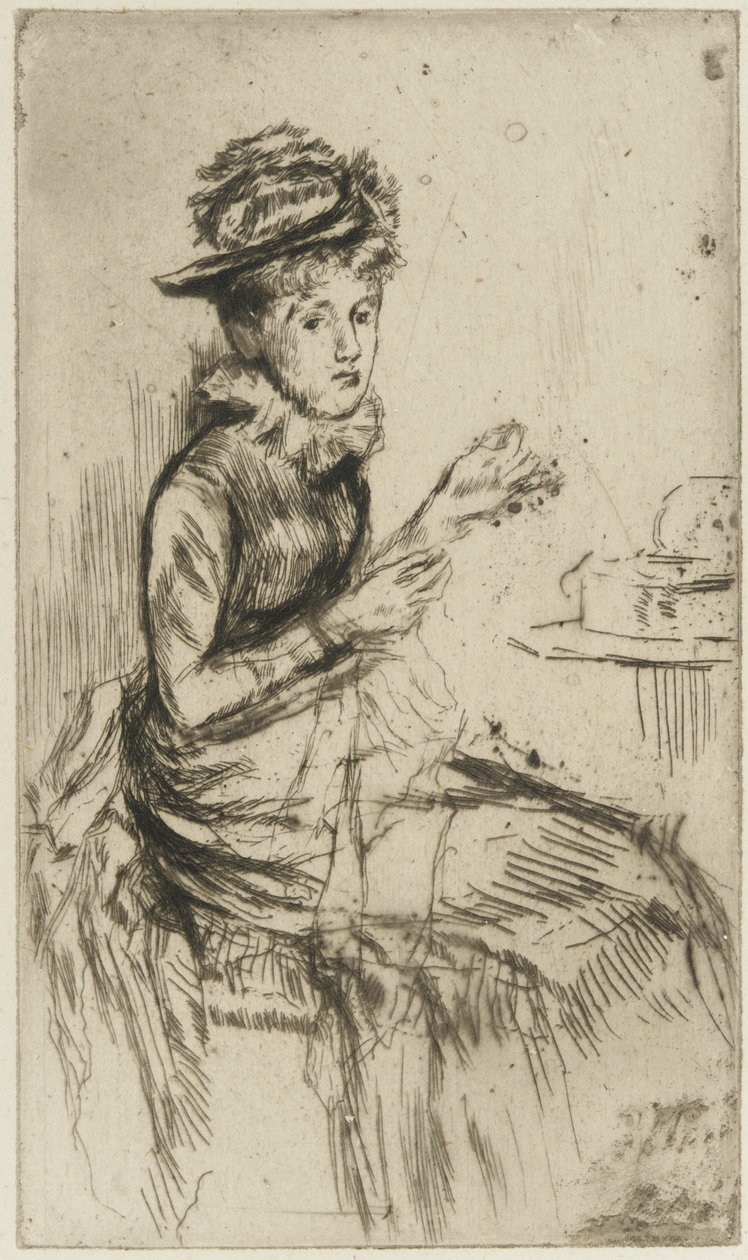 Tatting (možná Lizzie Dawson) kolem roku 1873 (suchá jehla na papíře) od James Abbott McNeill Whistler
