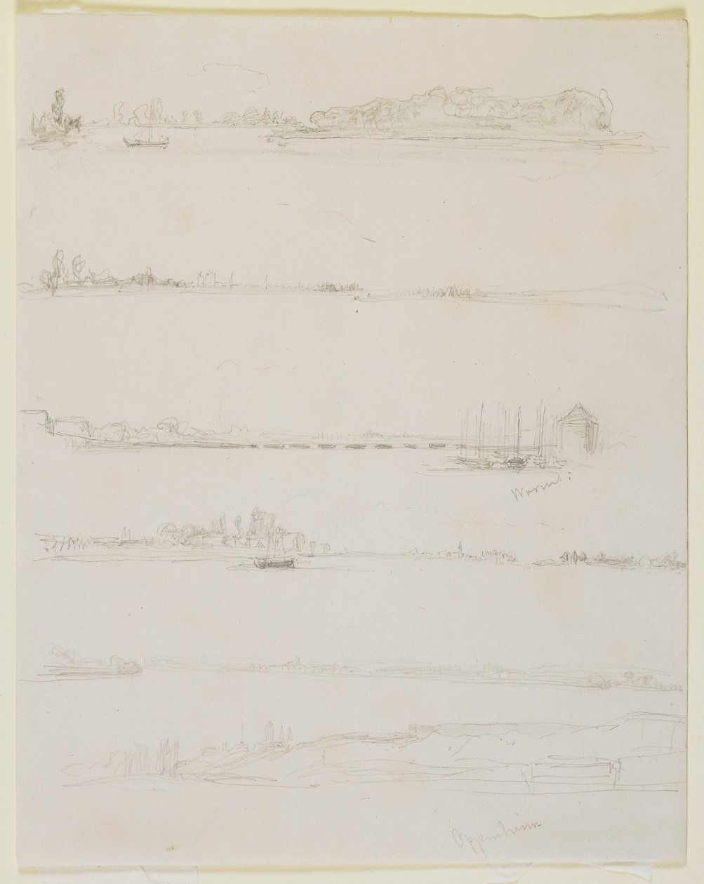 Rýn, poblíž Worms a Oppeheim, 1858 (tužka na špinavě bílý tkaný papír) od James Abbott McNeill Whistler