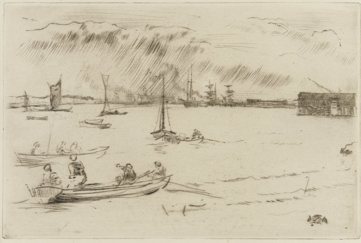Temže směrem k Erithu, kolem roku 1877 (suchá jehla na papíře) od James Abbott McNeill Whistler