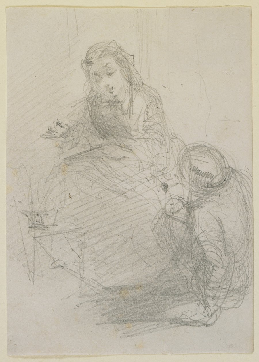 Dvě postavy: dívka sedící a muž na zemi po její levici, kolem 1855-59 (tužka na špinavě bílém papíře) od James Abbott McNeill Whistler