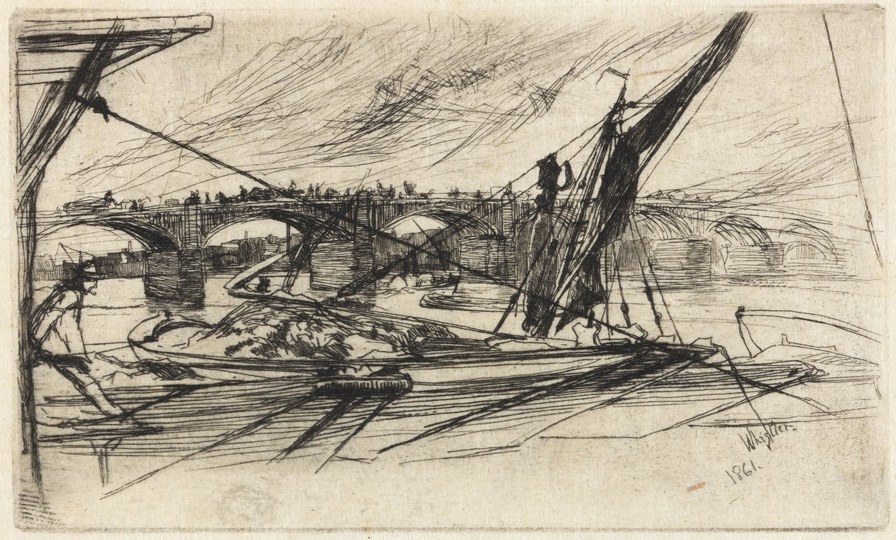 Vauxhall Bridge, 1861 (lept, černý uhlíkový inkoust na japonském papíře) od James Abbott McNeill Whistler