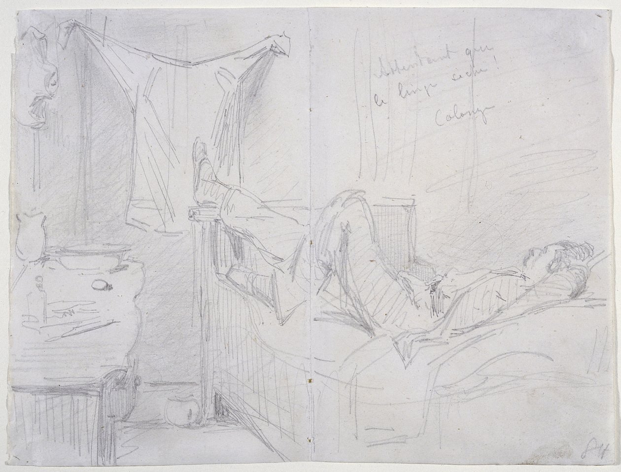 Čekání na uschnutí oblečení, Kolín nad Rýnem, 1858 (tužka na špinavě bílý tkaný papír) od James Abbott McNeill Whistler