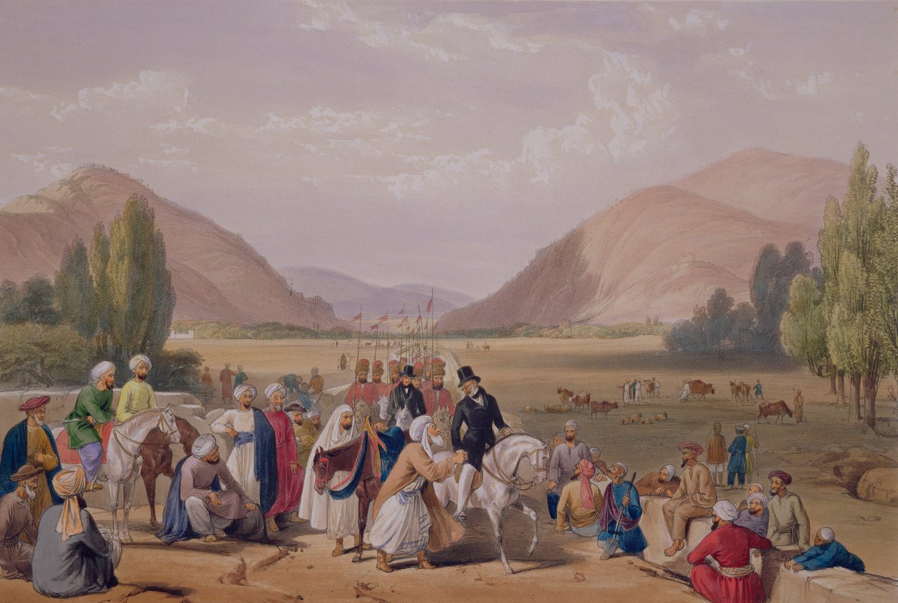 Vstup do Kaubulu z Killa-Kazee, z „Sketches in Afghaunistan“, vyrytý Charlesem Haghem (1810-88) a Louisem Haghem (1806-85), publikováno Henrym Gravesem, 1842 od James Atkinson