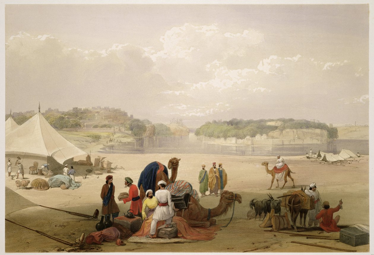 Město Roree a pevnost Bhukker na Indu, z „Sketches in Afghanistan“, vyryté Charlesem Haghem (1810-88) a Louis Haghe (1806-85), vydáno Henry Gravesem, 1842 (barva li od James Atkinson