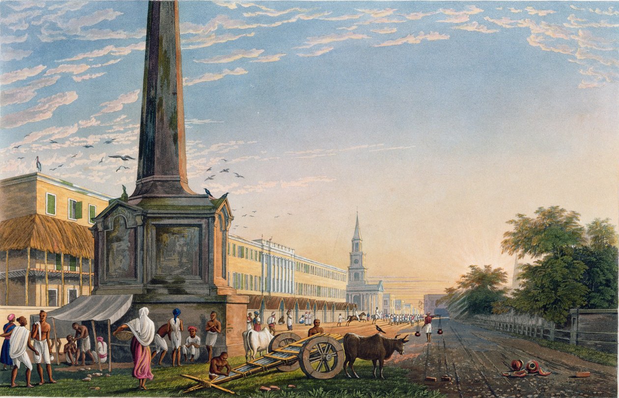 Pohled na budovy spisovatelů z památníku na West Endu, deska 2 z „Pohledy na Kalkatu a její okolí“, vyrytý Robertem Havellem (1793-1878) z roku 1824 (ručně kolorovaná akvatinta) od James Baillie Fraser