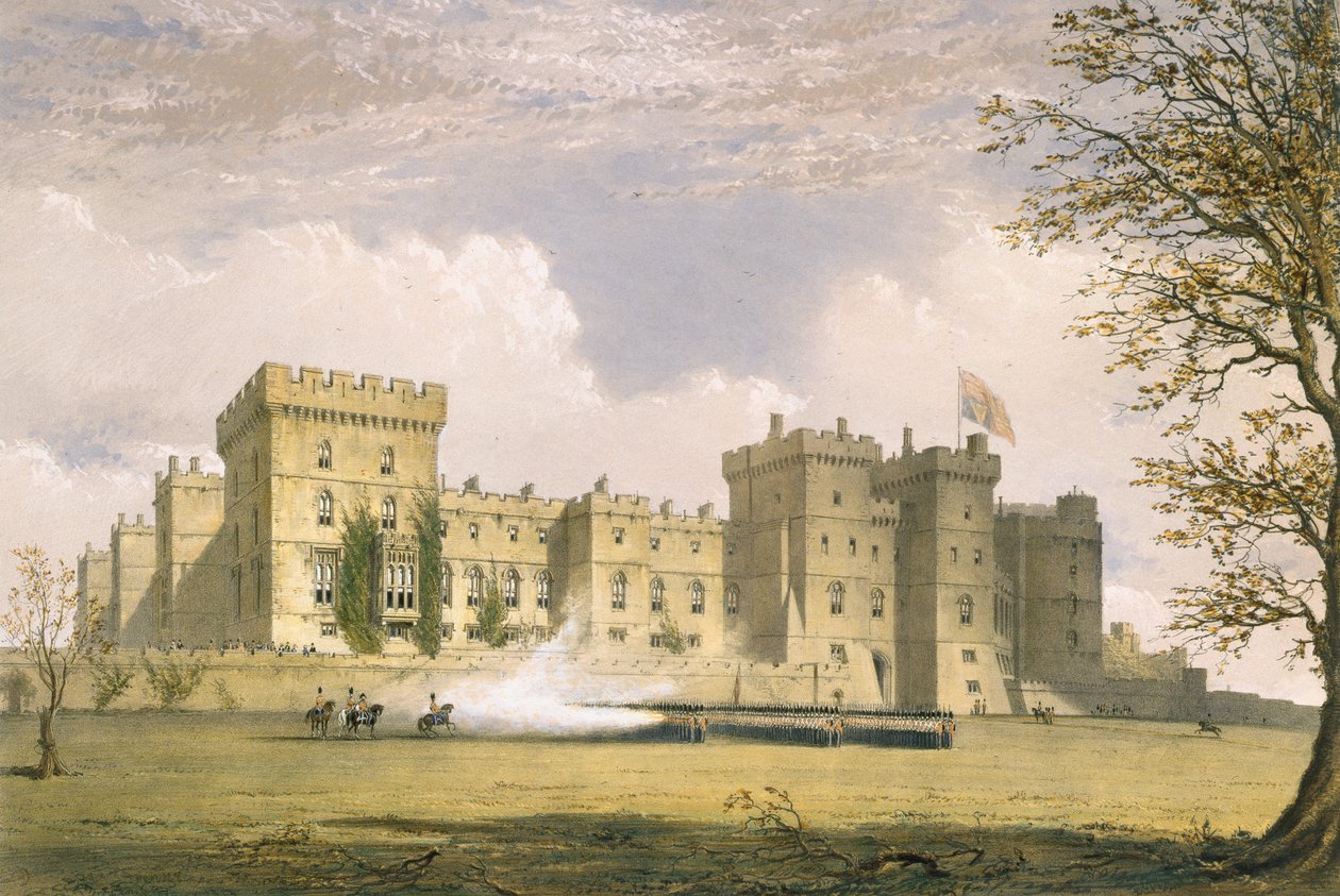Jihovýchodní pohled na hrad Windsor, z „Windsor a jeho okolní scenérie“, 1838 (chromolitho) od James Baker Pyne
