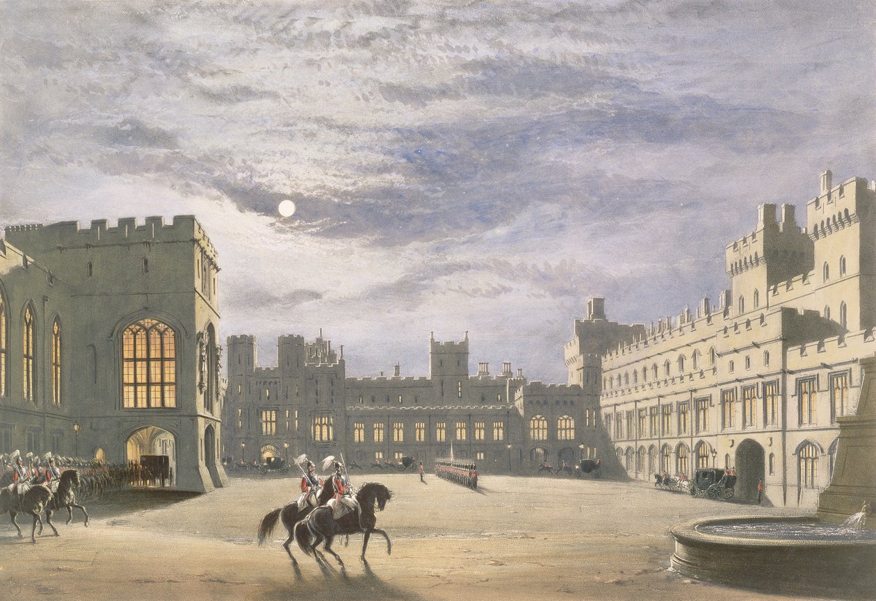 Státní příjezd královského návštěvníka, čtyřúhelník za měsíčního svitu, hrad Windsor, 1838 od James Baker Pyne