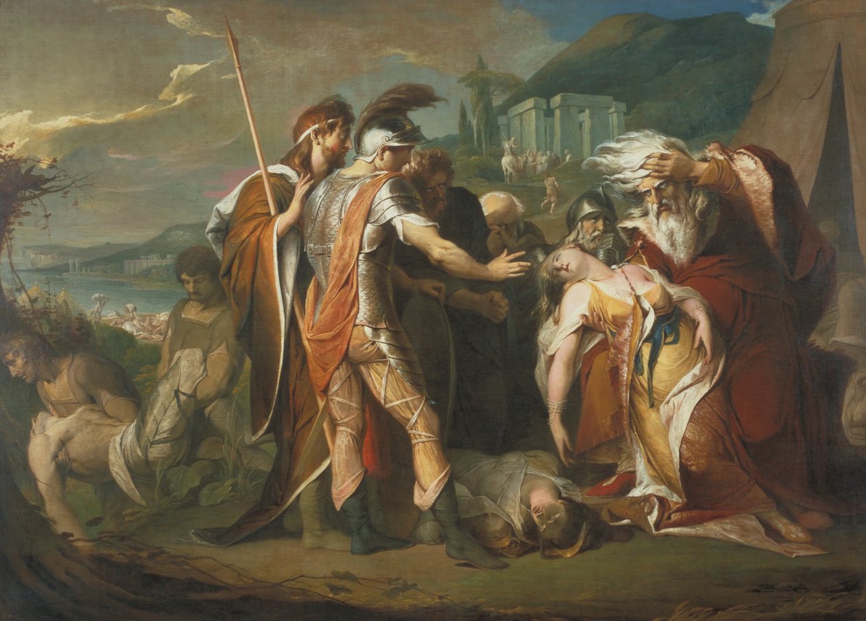 Král Lear plačící nad mrtvým tělem Cordelie od James Barry