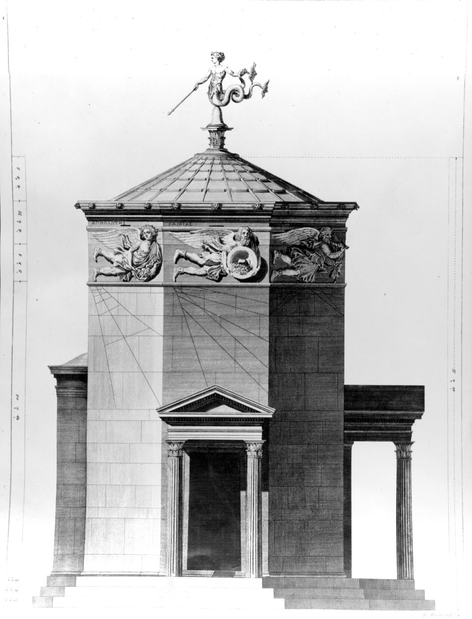Rekonstrukce Věže větrů na římské agoře v Aténách, vyryta v roce 1762 od James Basire