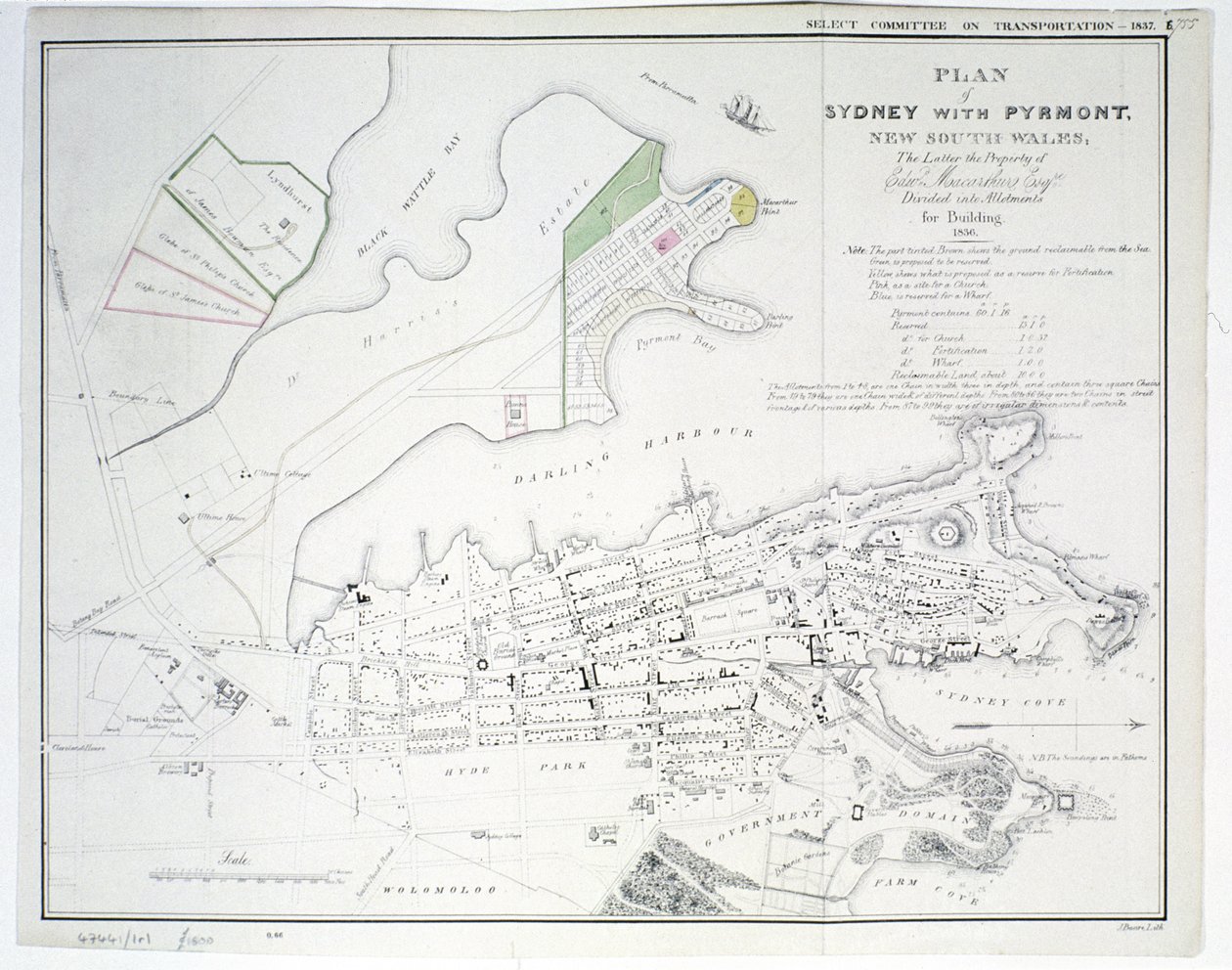 Plán Sydney s Pyrmontem, Nový Jižní Wales, posledně jmenovaný majetek Edwarda Macarthura Esquire Rozdělený na parcely pro stavbu, 1836, publikoval James a Luke G. Hansard und Sons, Londýn, 1837 od James Basire