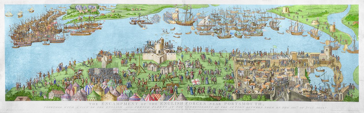 Tábořiště anglických sil poblíž Portsmouthu během bitvy u Solentu, 1778 (rytina) (později kolorování) od James Basire