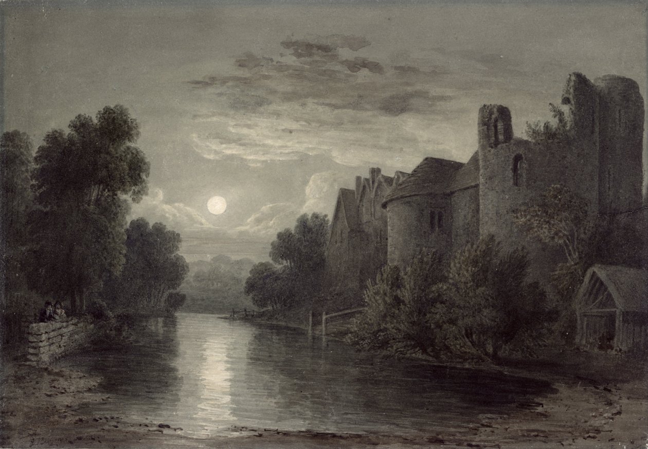 Hrad Allington, poblíž Maidstone, Kent; měsíční svit od James Bayes