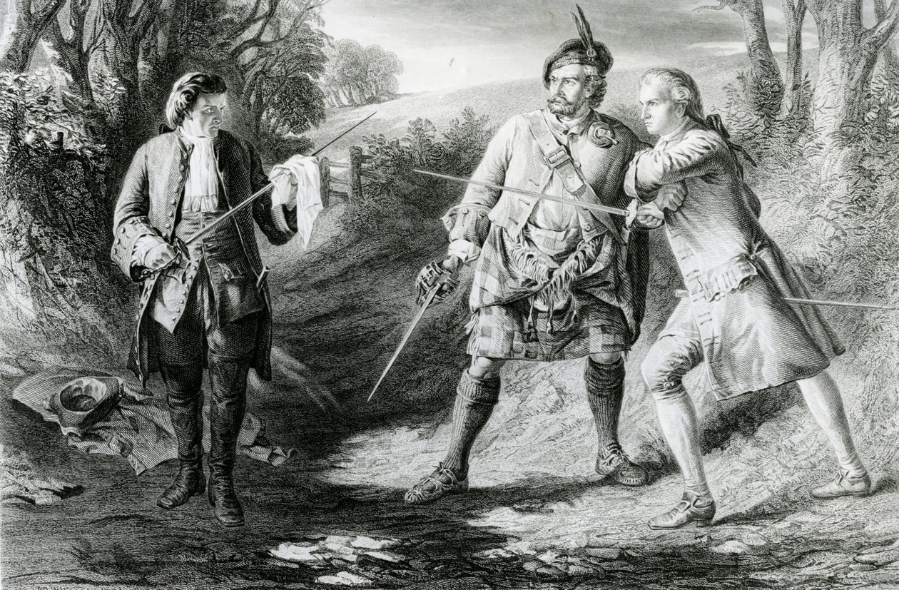Souboj Rob Roye s Rashleighem a Francisem Osbaldistonem, vyryl John Le Conte (fl.1850-86) 1867 od James Blake McDonald