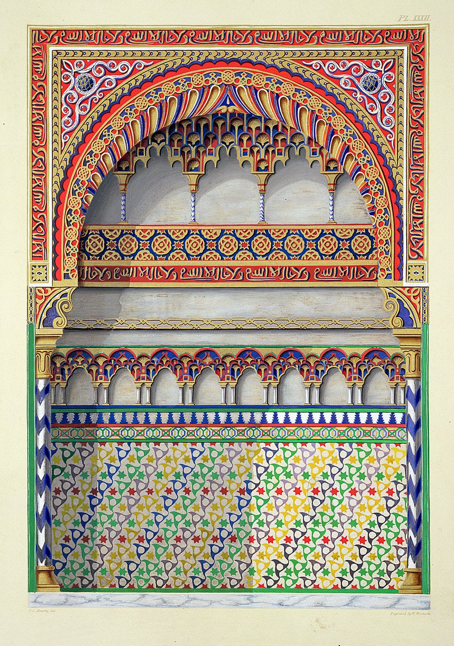 Povýšení výklenku v Pateo del Agua, Alhambra, z „The Arabian Antiquities of Spain“, vyryto W. Woolnothem, vydáno 1815 (barevná rytina) od James Cavanagh Murphy