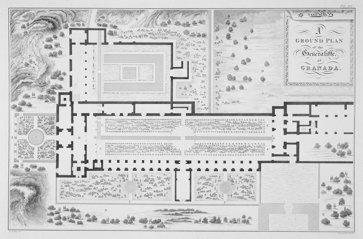 Půdorys zahrad Generalife, Granada, z „Arabských starožitností Španělska“, vyrytý Johnem Roffem (1769-1850), publikoval 1815 od James Cavanagh Murphy