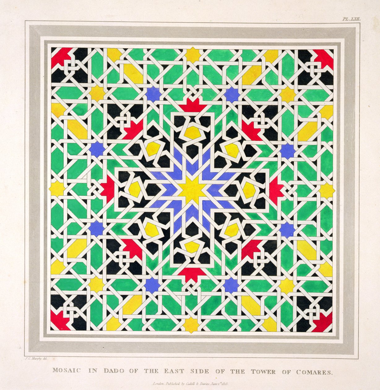 Mozaika v dadu na východní straně věže Comares, Alhambra, z „Arabských starožitností Španělska“, publikované v roce 1815 od James Cavanagh Murphy