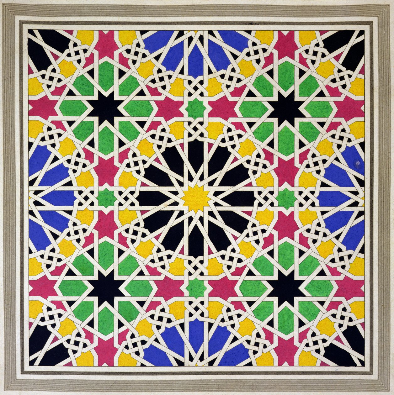 Mozaikový ornament na jižní straně dvora lvů, Alhambra, z „Arabských starožitností Španělska“, vydaného v roce 1815 od James Cavanagh Murphy